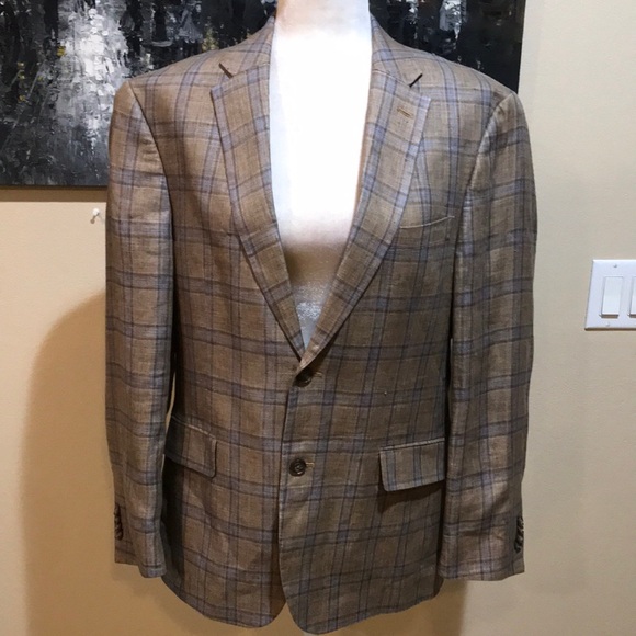 Tommy Hilfiger 100% Linen Tan/Brown with Blue Checkered Striped Design-Size 40S - Picture 1 of 9